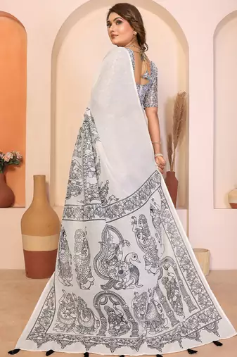 White soft linen cotton printed saree