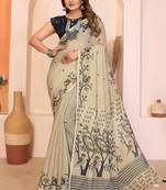 Beige soft linen cotton printed saree