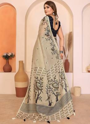 Beige soft linen cotton printed saree 2