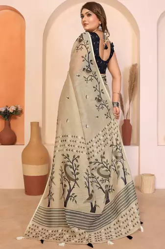 Beige soft linen cotton printed saree
