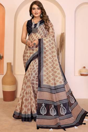 Beige soft linen cotton printed saree