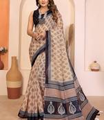 Beige soft linen cotton printed saree