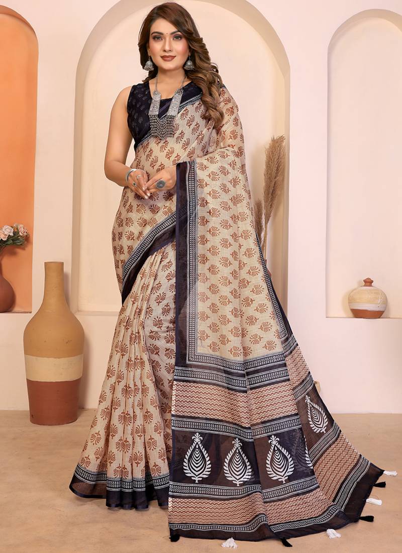 Beige soft linen cotton printed saree