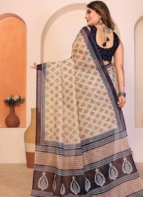 Beige soft linen cotton printed saree 2