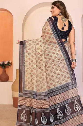 Beige soft linen cotton printed saree