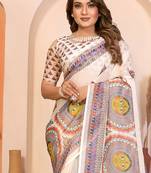 Cream soft linen cotton printed saree