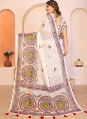 Cream soft linen cotton printed saree 2