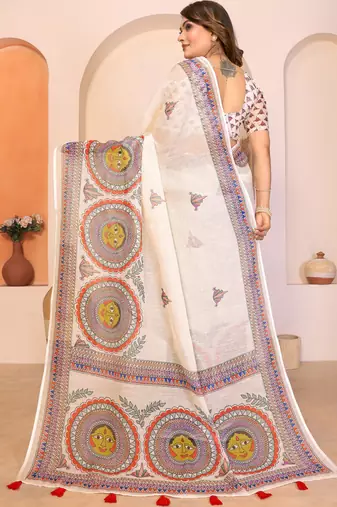 Cream soft linen cotton printed saree