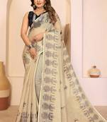Beige soft linen cotton printed saree