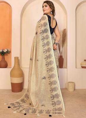 Beige soft linen cotton printed saree 2