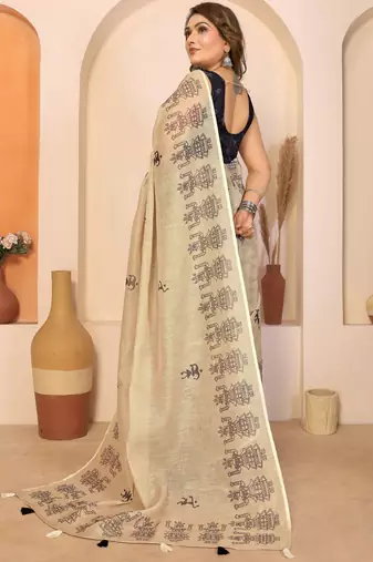 Beige soft linen cotton printed saree
