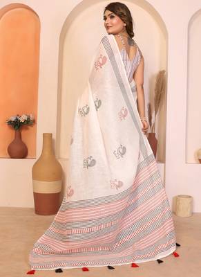 Cream soft linen cotton printed saree 2