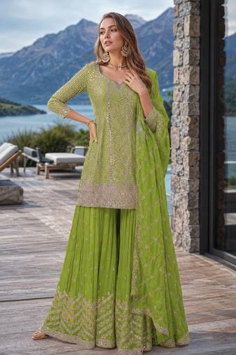 Green chinon sequence embroidered semi stitched salwar suit