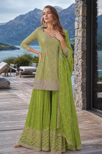 Green chinon sequin embroidered semi stitched salwar suit