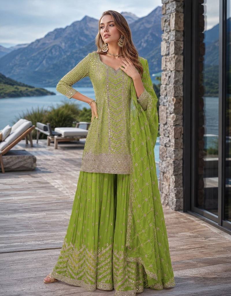 Green chinon sequence embroidered semi stitched salwar suit