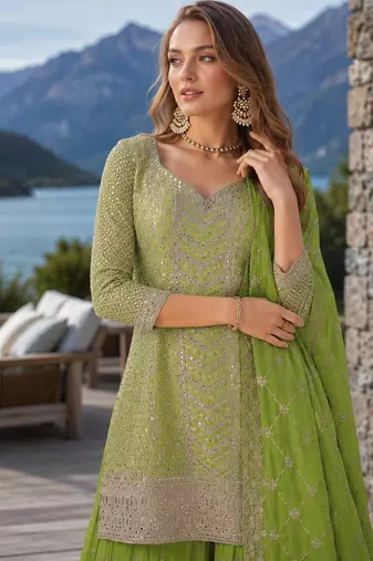 Green chinon sequin embroidered semi stitched salwar suit