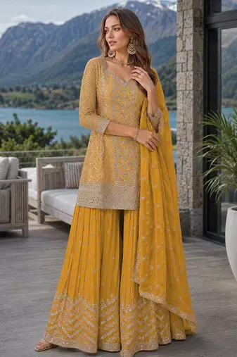 Yellow chinon sequence embroidered semi stitched salwar suit