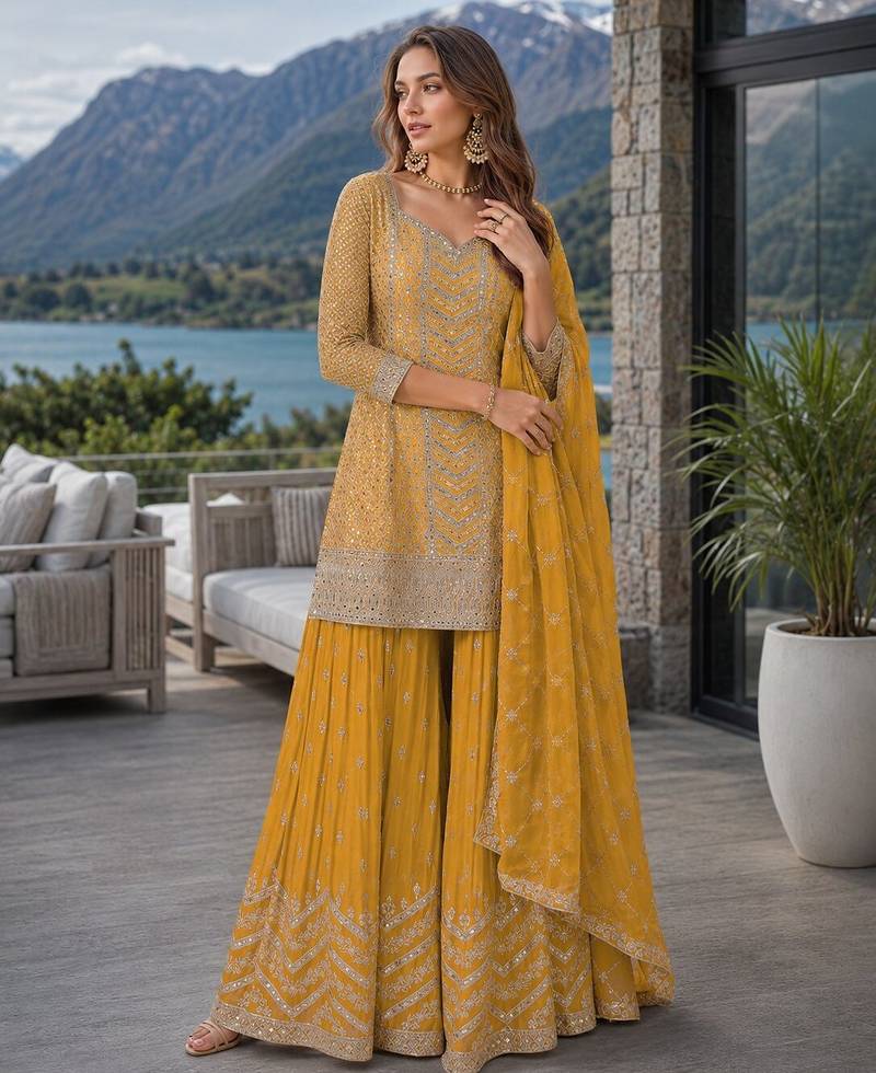 Yellow chinon sequence embroidered semi stitched salwar suit