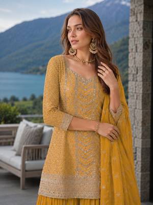 Yellow chinon sequin embroidered salwar suit 2