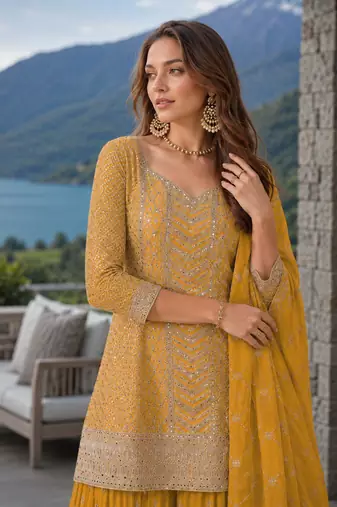 Yellow chinon sequence embroidered semi stitched salwar suit
