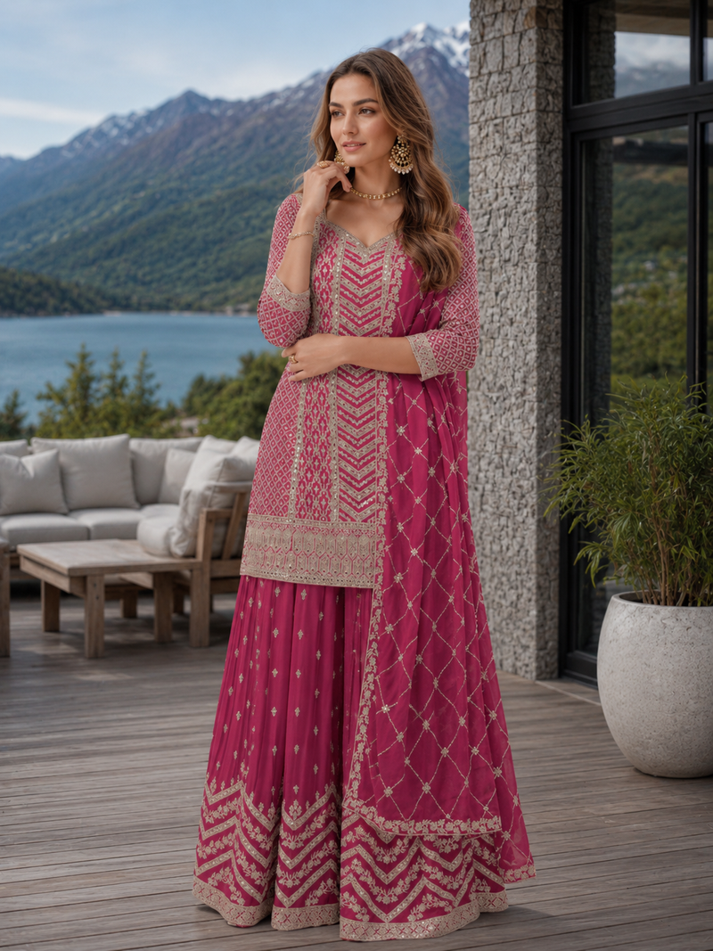 Pink chinon sequence embroidered semi stitched salwar suit