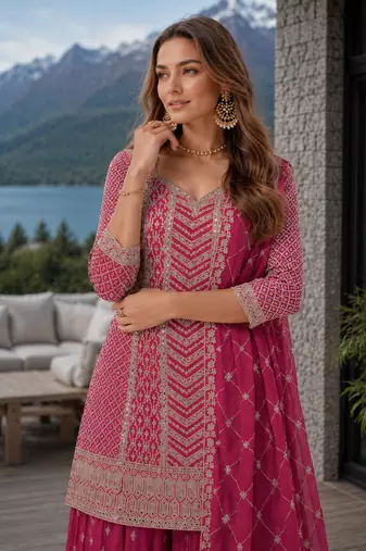 Pink chinon sequence embroidered semi stitched salwar suit