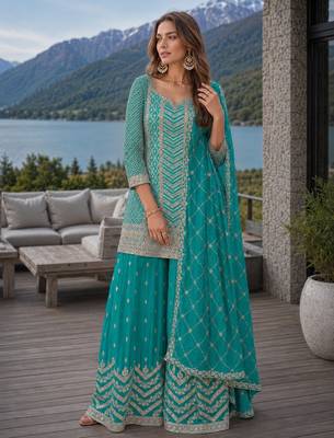 Sky blue chinon sequin embroidered salwar suit 1