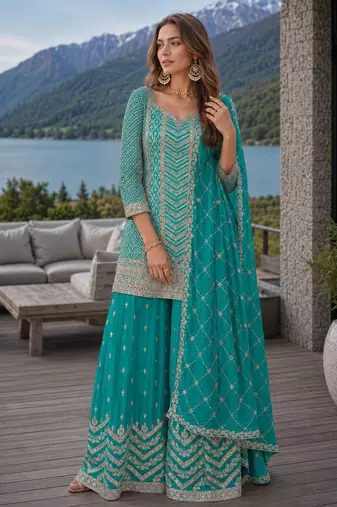 Sky blue chinon sequence embroidered semi stitched salwar suit