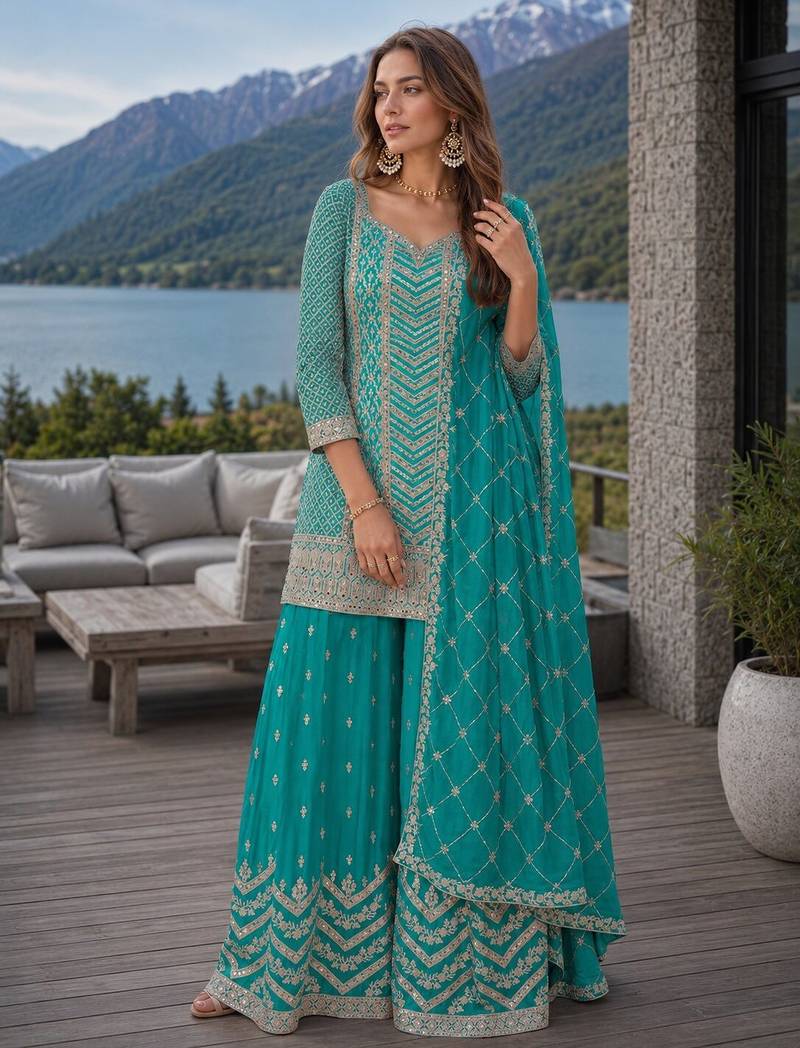 Sky blue chinon sequence embroidered semi stitched salwar suit