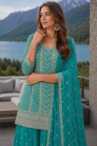 Sky blue chinon sequence embroidered semi stitched salwar suit