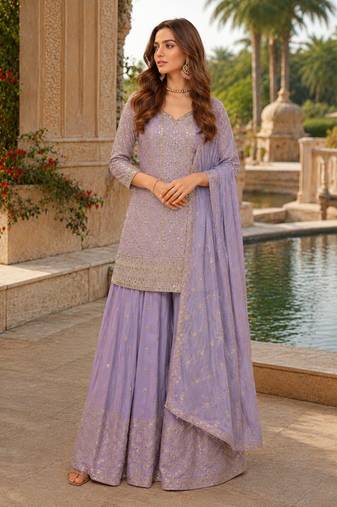 Light lavender chinon sequence embroidered semi stitched salwar suit