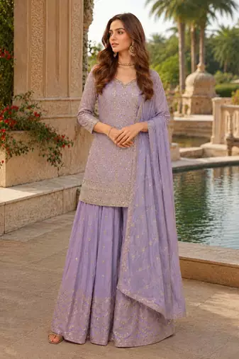 Light lavender chinon sequence embroidered semi stitched salwar suit