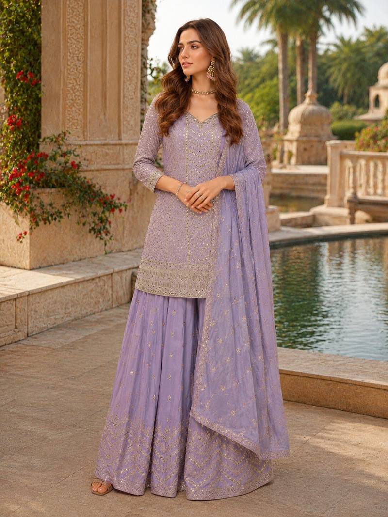 Light lavender chinon sequence embroidered semi stitched salwar suit