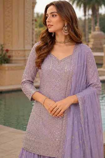 Light lavender chinon sequence embroidered semi stitched salwar suit