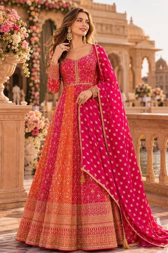 Pink heavy embroidered faux georgette semi stitched anarkali suit