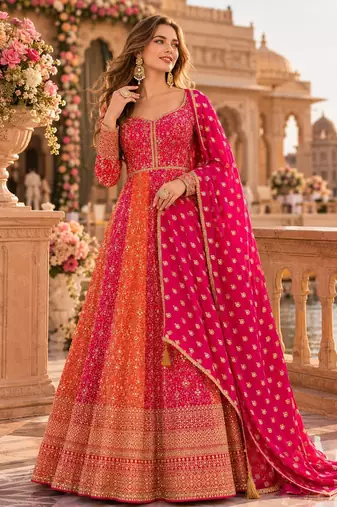 Pink heavy embroidered faux georgette semi stitched anarkali suit