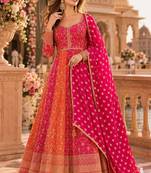 Pink heavy embroidered faux georgette semi stitched anarkali suit
