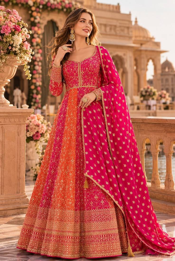 Pink heavy embroidered faux georgette semi stitched anarkali suit