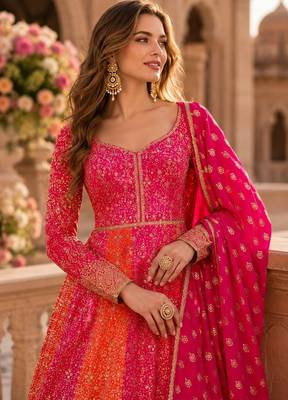 Pink heavy embroidered faux georgette semi stitched anarkali suit 2