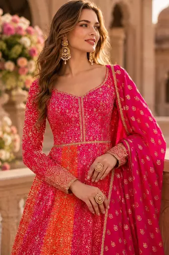 Pink heavy embroidered faux georgette semi stitched anarkali suit