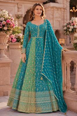Sky blue heavy embroidered faux georgette semi stitched anarkali suit 1