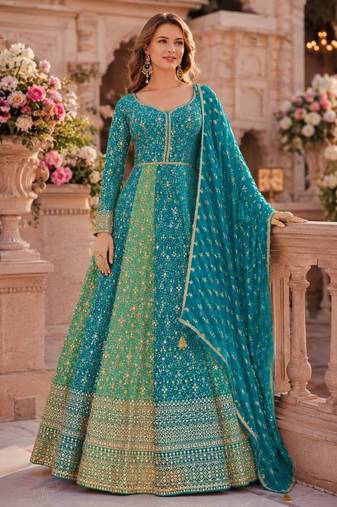 Sky blue heavy embroidered faux georgette semi stitched anarkali suit