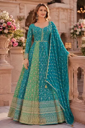Sky blue heavy embroidered faux georgette semi stitched anarkali suit