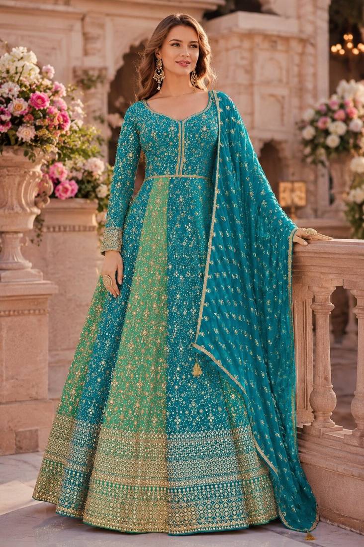 Sky blue heavy embroidered faux georgette semi stitched anarkali suit