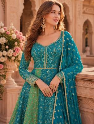 Sky blue heavy embroidered faux georgette semi stitched anarkali suit 2