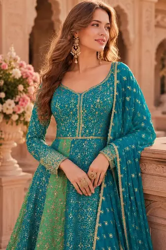 Sky blue heavy embroidered faux georgette semi stitched anarkali suit