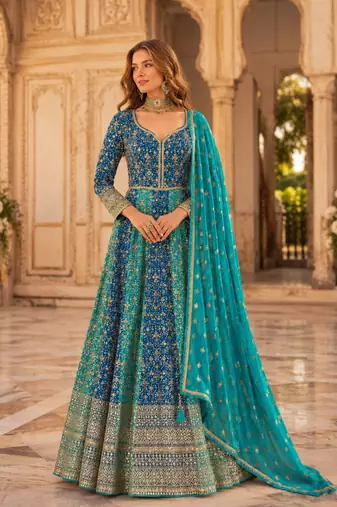 Blue heavy embroidered faux georgette semi stitched anarkali suit