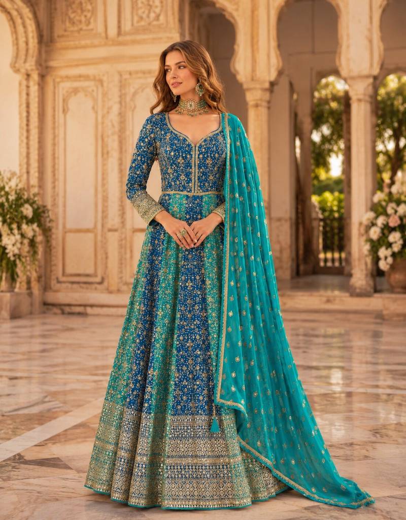 Blue heavy embroidered faux georgette semi stitched anarkali suit