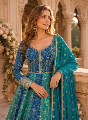 Blue heavy embroidered faux georgette semi stitched anarkali suit 2