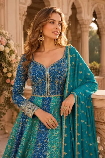 Blue heavy embroidered faux georgette semi stitched anarkali suit